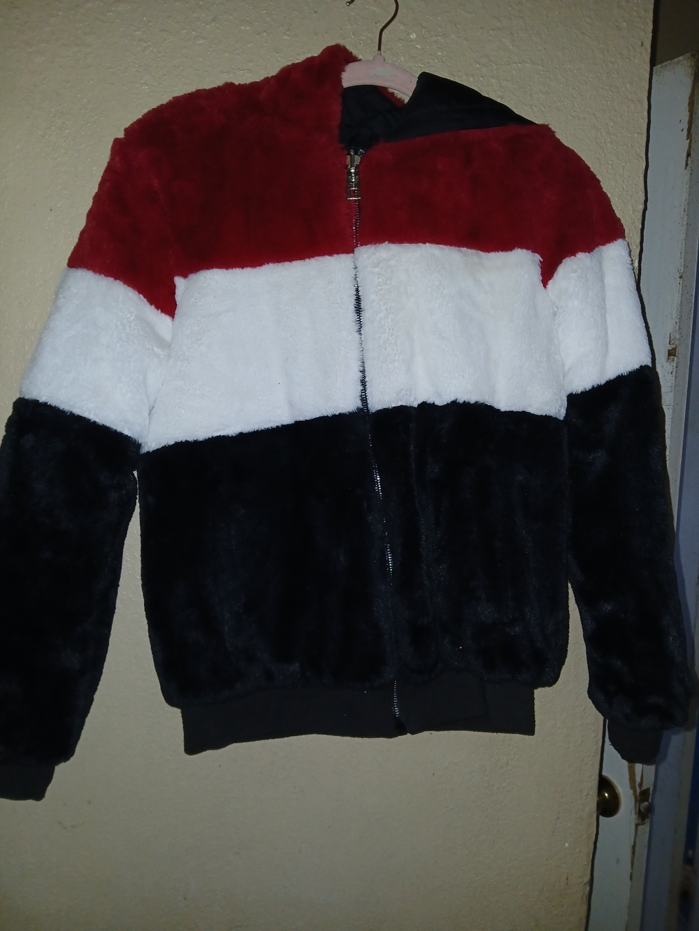 Faux Fur Colorblock Bomber Jacket - Red/White/Black Reversible